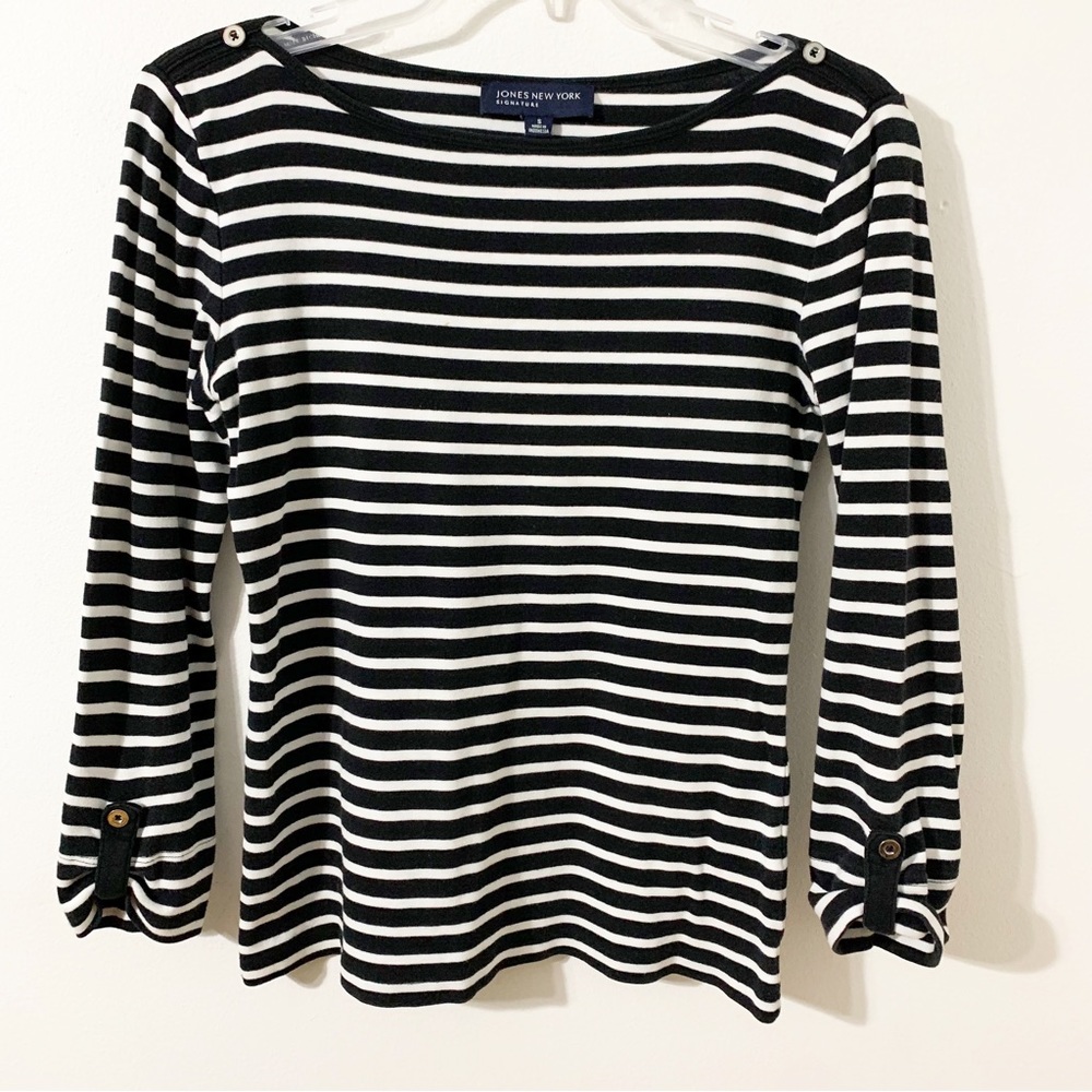 Jones New York Signature Cotton Stripe 3/4 Long Sleeve Crewneck Tee Shirt 🟦⬜️